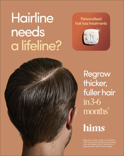 Image ad discussing hair loss and promoting Hims products. The ad features the back of a man's head and asks if the 