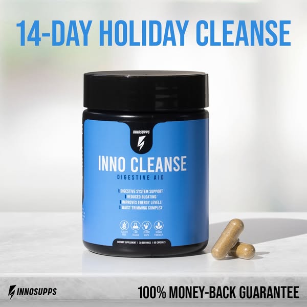 This image ad for Inno Cleanse promotes a 14-day holiday cleanse with a focus on digestive aid. The ad highlights benefi