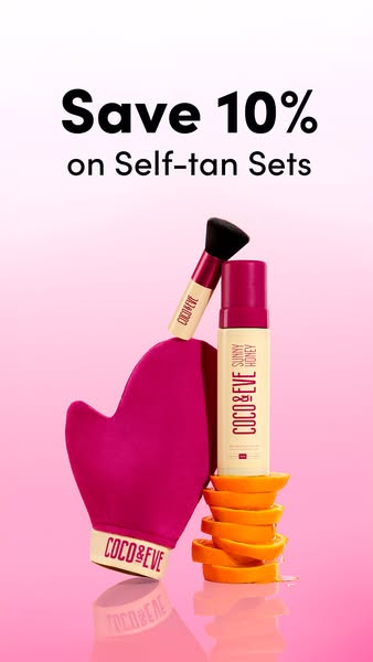 This ad promotes Coco & Eve's self-tan sets by showcasing the tanning mitt, brush, and tanning foam. The ad feat