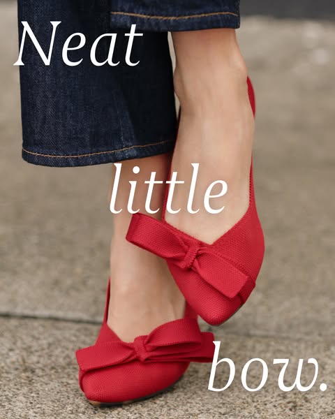 This ad features a close-up shot of red, woven shoes and copy that uses 'neat little bow' in white font.