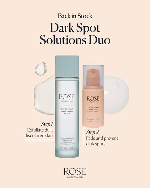 Image ad for Rose Ingleton MD dark spot solutions duo. The ad showcases the two products with text callouts that outline