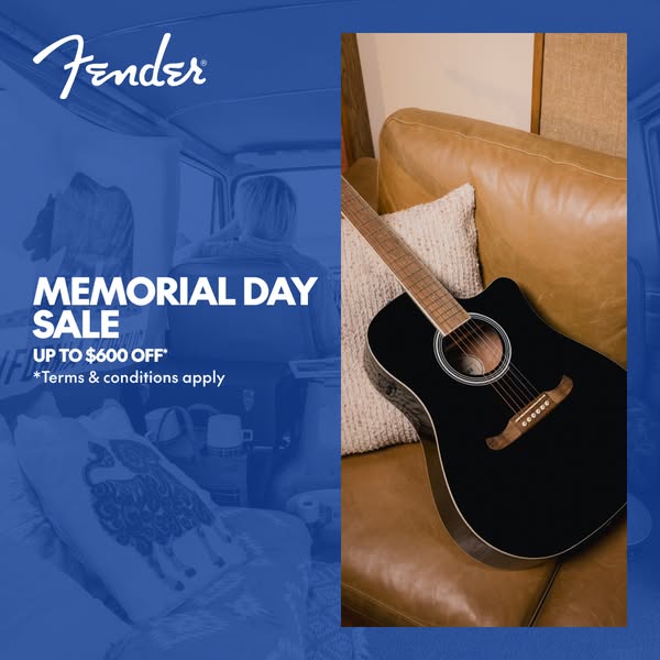 This image ad for Fender promotes a Memorial Day Sale with up to $600 off, featuring a black acoustic guitar. The ad ble