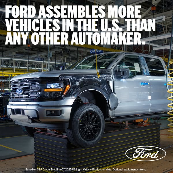 The image ad for Ford emphasizes that Ford assembles more vehicles in the U.S. than any other automaker. It shows an unf
