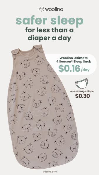 This ad promotes the Woolino Ultimate 4 Season Sleep Sack. It states that the product enables 'safer sleep for less