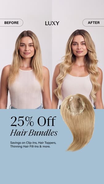 This image ad showcases the transformative effect of Luxy Hair bundles using a split before-and-after format. The left s