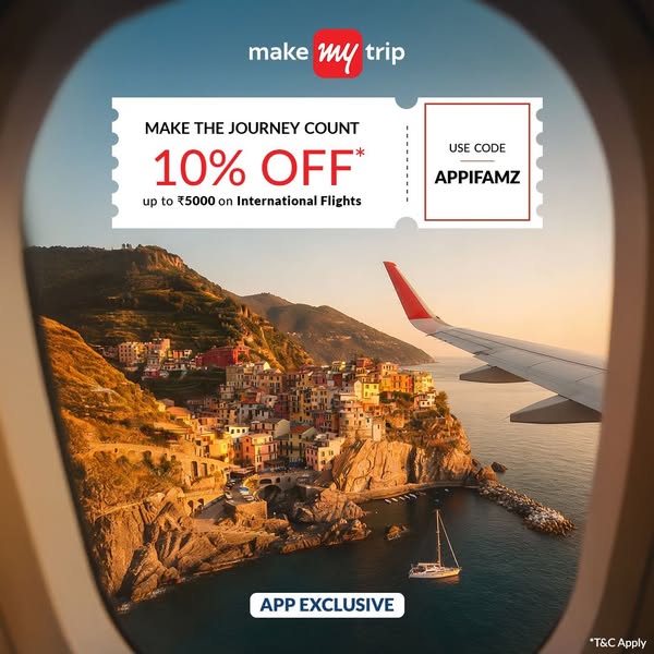 This ad for Make My Trip shows a view of a town on the coast as seen from an airplane window. The creative includes a co