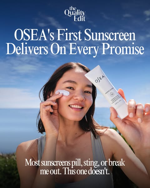 This ad promotes OSEA's sunscreen, highlighting its effectiveness and addressing common issues with other sunscreens
