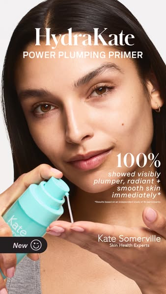 This ad for Kate Somerville's HydraKate Power Plumping Primer features a woman applying the product and highlights t