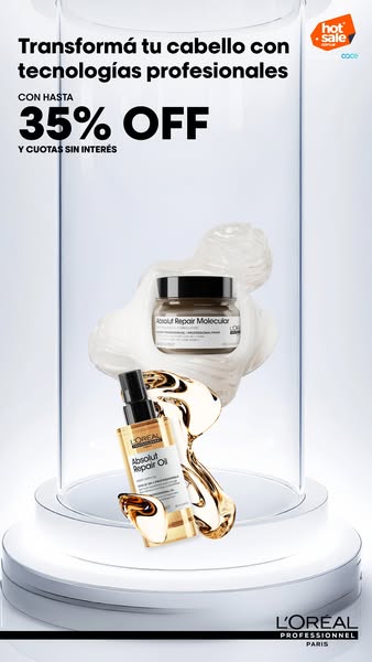 Image ad showcasing L'Oreal Professionnel hair care products with a discount and interest-free installment offer.