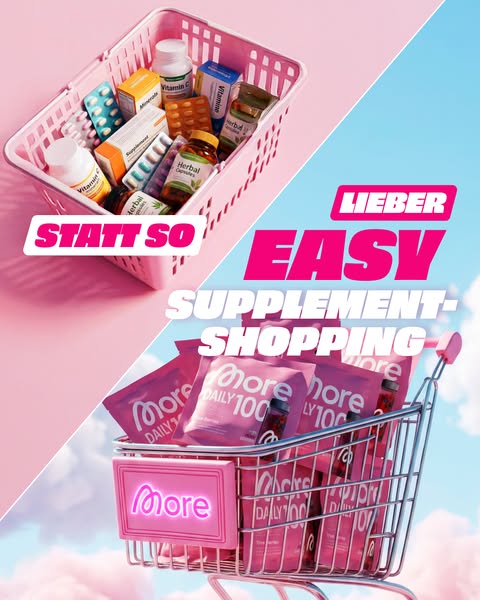 This ad uses a split screen to compare the experience of buying supplements the traditional way versus buying them from 
