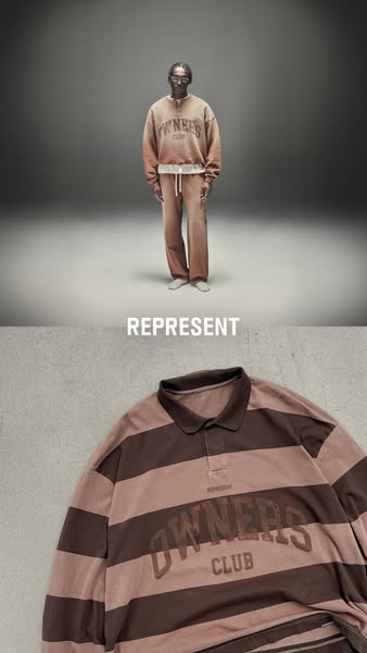 The ad features two different garments by Represent: one image shows a model wearing matching sweatpants and a crewneck,
