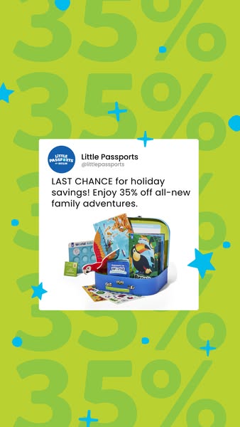 This image ad for Little Passports promotes a limited-time offer of 35% off all-new family adventures. The ad features a