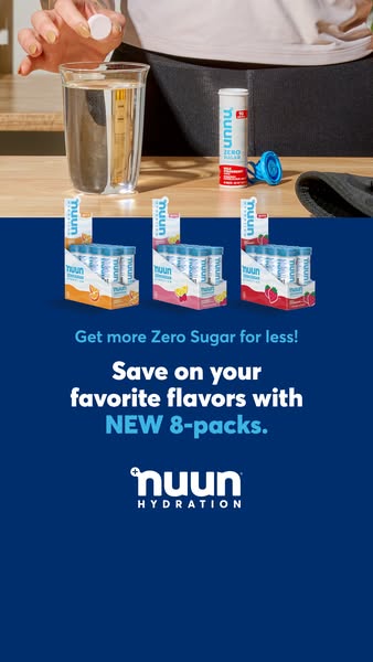 This ad for Nuun Hydration focuses on the new 8-pack size of their product. It positions the product as a zero sugar opt