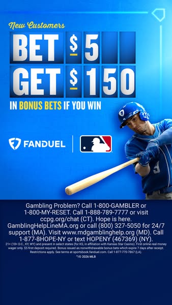 This ad is for Fan Duel and encourages new customers to bet $5 and get $150 in bonus bets if they win.