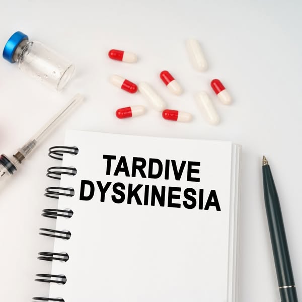 The ad shows an image with medical objects on a white background with a notebook in the center labeled "Tardive Dys