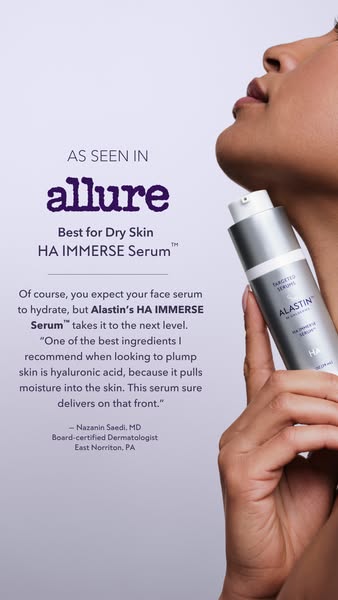 This image ad promotes Alastin's HA IMMERSE Serum as the best for dry skin, backed by an endorsement from Allure mag