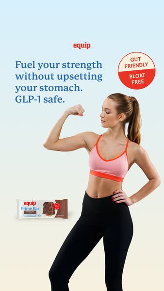 This image ad by Equip promotes its Prime Bar as a way to fuel your strength without upsetting your stomach, emphasizing