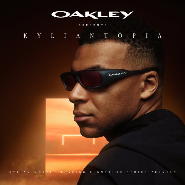 This ad is for Oakley's Kylian Mbappé Signature Series Permian sunglasses. The image shows a close-up of Kylian Mbap