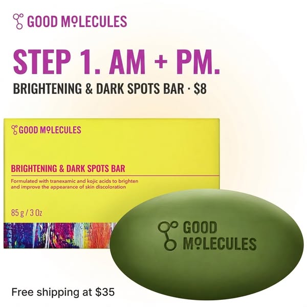 This image ad showcases Good Molecules Brightening & Dark Spots Bar, highlighting its use for both AM and PM routine
