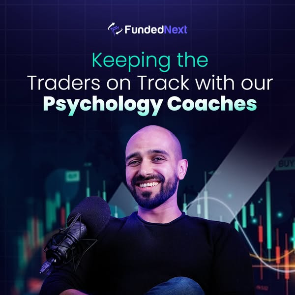 This ad by FundedNext is promoting their psychology coaches for traders. The ad features an image of a man sitting in fr