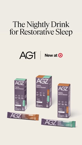 This image ad promotes AG1's AGZ Nightly Rest & Restore drink mix, highlighting its availability at Target. The 