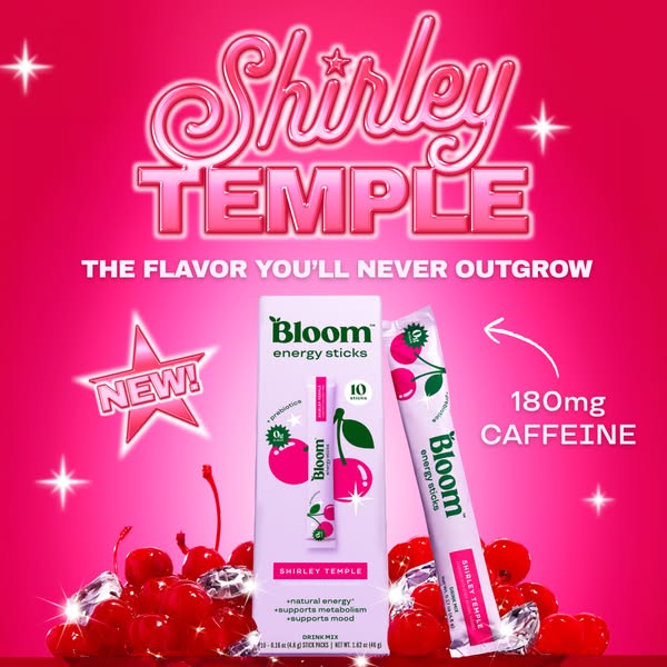 This image ad features Bloom energy sticks in a Shirley Temple flavor. The ad attempts to appeal to customers looking fo