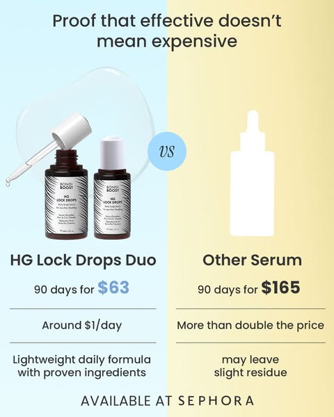 This ad compares Bondi Boost's HG Lock Drops Duo to another serum, highlighting the Bondi Boost product's afford