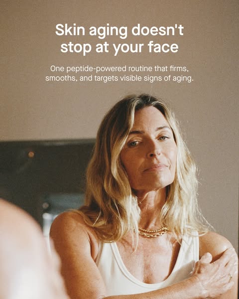 This image ad promotes a peptide-powered routine to firm, smooth, and target visible signs of aging not only on the face