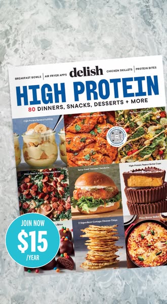 This image ad promotes a Delish magazine subscription offering high-protein recipes for dinners, snacks, and desserts. T