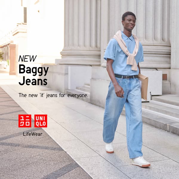 This ad showcases Uniqlo's new Baggy Jeans and positions them as an 'it' item that is suitable for everyone.