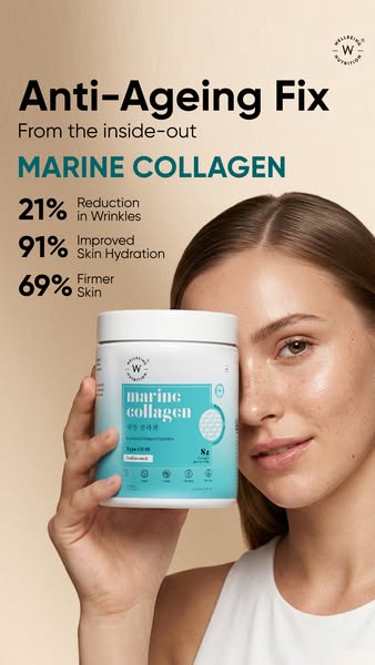 This paid social image ad for Wellbeing Nutrition's Marine Collagen promotes the product as an anti-aging fix that w