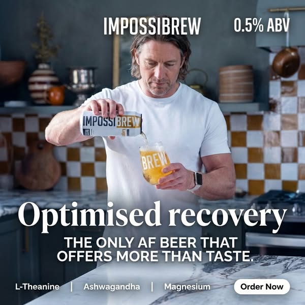 The ad promotes Impossibrew, a non-alcoholic beer alternative that offers optimized recovery by adding L-Theanine, Ashwa