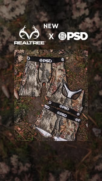 This ad promotes the new REAL TREE x PSD underwear collection. The image shows three different items from the collection