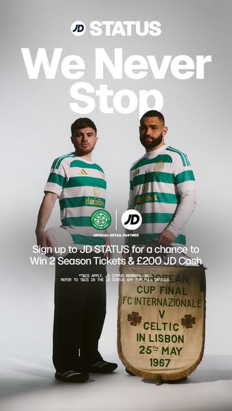 This ad showcases two models wearing Celtic FC jerseys promoting the JD STATUS rewards program with a chance to win seas