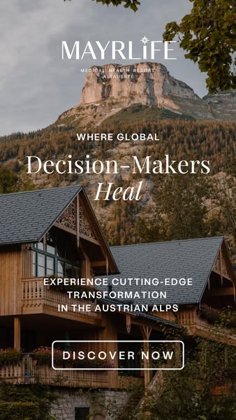 An image ad for Mayrlife Medical Health Resort in Altaussee. The ad features a mountain backdrop and a modern wooden bui