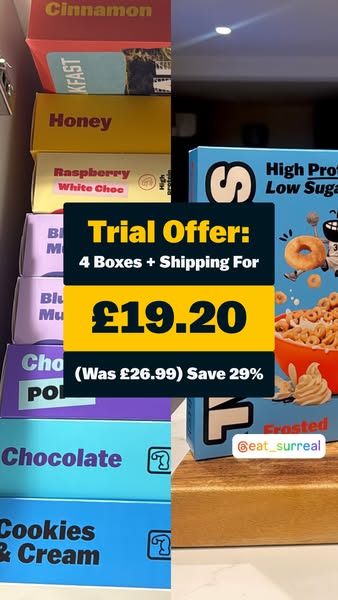 This image ad showcases Surreal cereal. The ad features a tower of Surreal cereal boxes, and highlights a trial offer fo