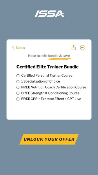 This image ad for ISSA promotes their Certified Elite Trainer Bundle, which includes a personal trainer course, a specia