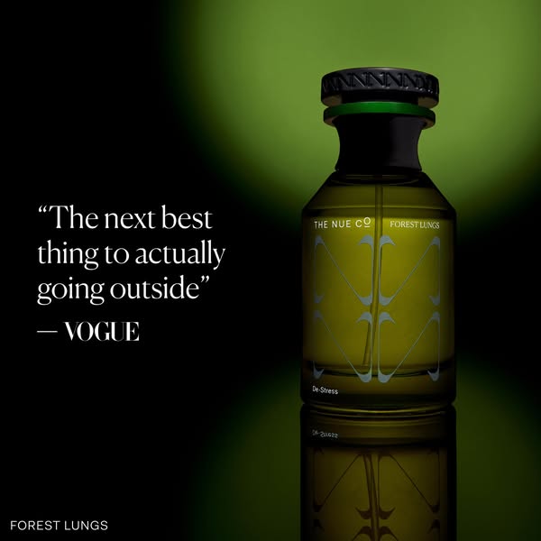 This ad features a single product shot of The Nue Co's Forest Lungs fragrance, accompanied by a quote from Vogue mag