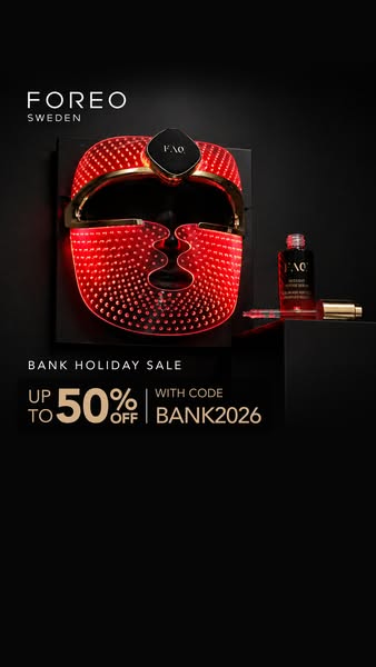 This image ad promotes Foreo's FAQ LED face mask and serum with a bank holiday sale offering up to 50% off using the