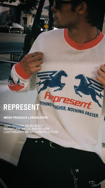 This image ad showcases the Represent Mesh Pegasus Longsleeve, highlighting its design and material. The ad features a m