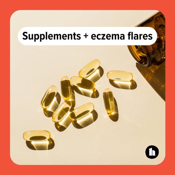This image ad highlights the connection between supplements and eczema flare-ups, presenting the capsules and an amber b