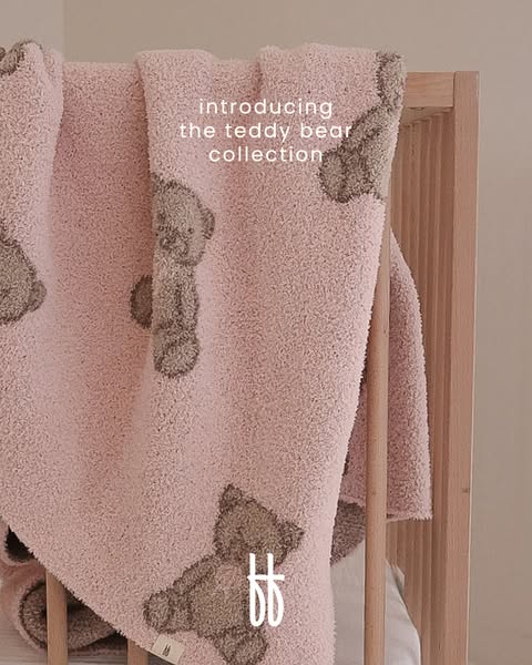 This ad showcases a pink teddy bear blanket, introducing the new teddy bear collection.