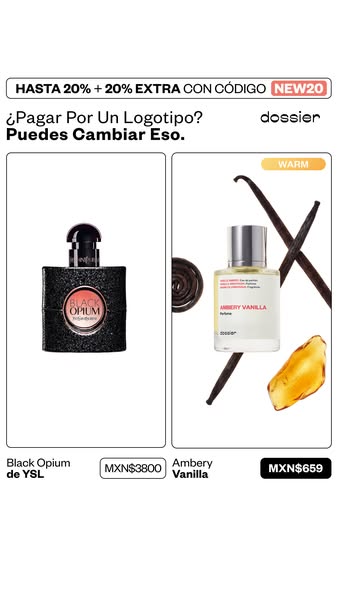 An ad promoting Dossier perfumes as an alternative to more expensive designer brands, specifically comparing a Dossier v