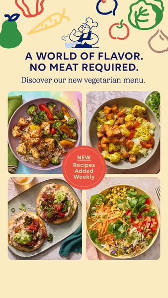 This ad is for a new vegetarian menu. It features four different vegetarian dishes.