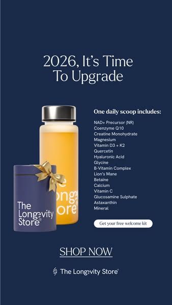 This ad for The Longevity Store promotes a daily supplement scoop that includes a variety of vitamins and minerals. The 