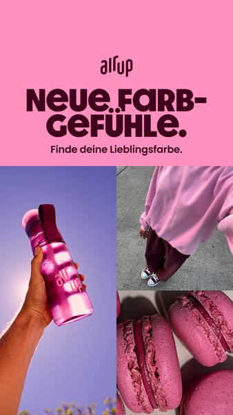 The ad uses a consistent pink color scheme throughout various lifestyle images to promote the brand, all up, and its new