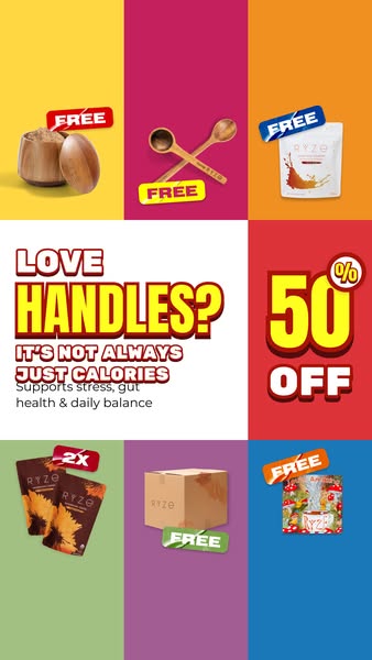 This ad for RYZE mushroom coffee products uses a grid layout with different blocks highlighting product offerings, poten