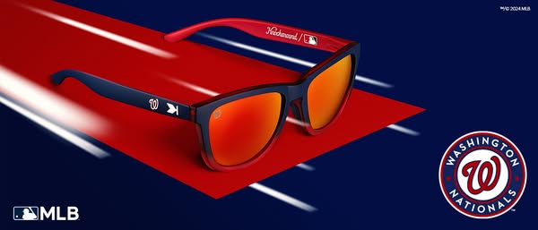 This ad features Knockaround sunglasses with a Washington Nationals theme. The sunglasses are displayed against a backdr