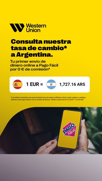 This image ad by Western Union promotes their service for sending money online to Pago Fácil in Argentina with 0€ commis