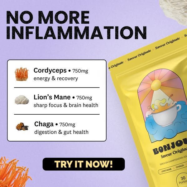 This ad promotes Bonjour Saveur Originale, a mushroom-based beverage mix, by highlighting three key ingredients and thei